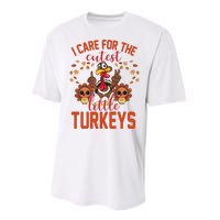 I Care For The Cutest Little Turkeys Thanksgiving Teacher Performance Sprint T-Shirt