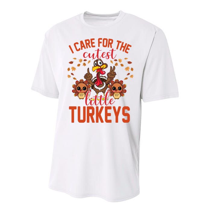 I Care For The Cutest Little Turkeys Thanksgiving Teacher Performance Sprint T-Shirt