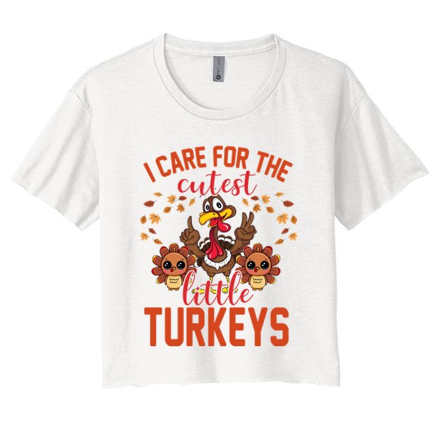 I Care For The Cutest Little Turkeys Thanksgiving Teacher Crop Top