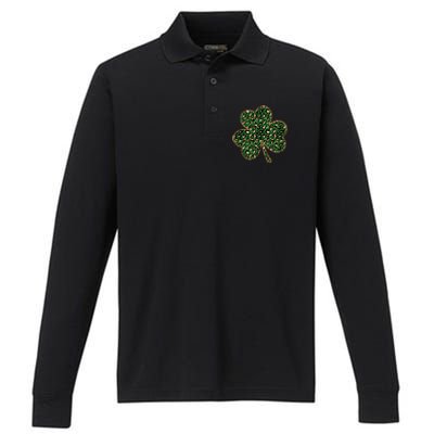 Irish Clover Green Gold Leopard Print Performance Long Sleeve Polo