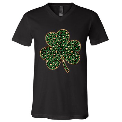 Irish Clover Green Gold Leopard Print V-Neck T-Shirt