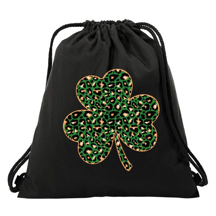 Irish Clover Green Gold Leopard Print Drawstring Bag