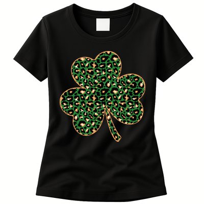 Irish Clover Green Gold Leopard Print Womens T-Shirt