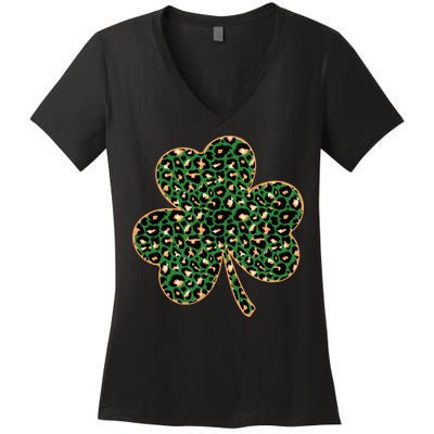 Irish Clover Green Gold Leopard Print Women's V-Neck T-Shirt