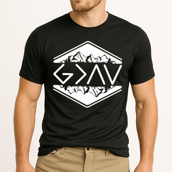 Inspirational Christian God Is Greater Than The High And Lows Camping Performance Shirt