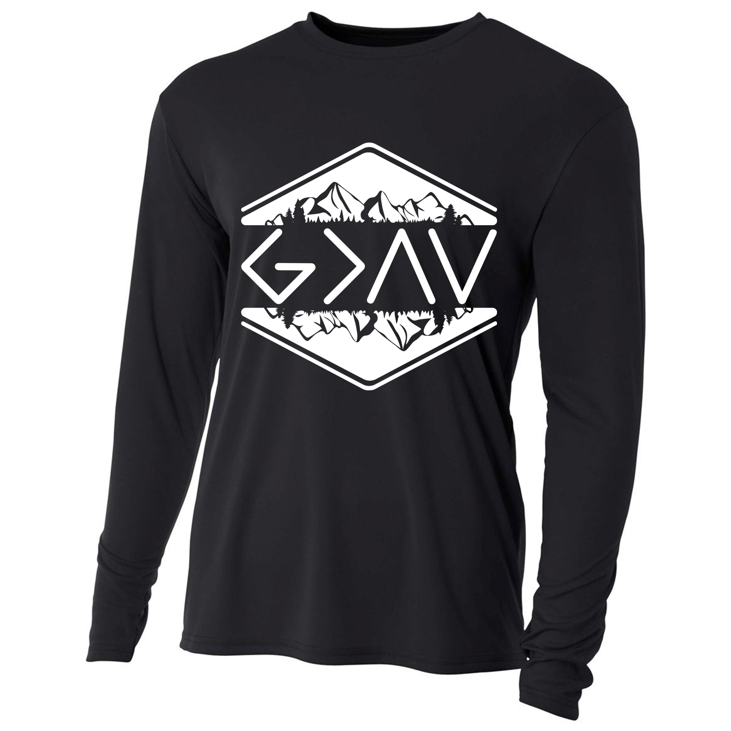 Inspirational Christian God Is Greater Than The High And Lows Camping Cooling Performance Long Sleeve Crew