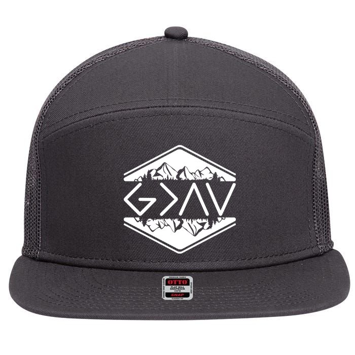 Inspirational Christian God Is Greater Than The High And Lows Camping 7 Panel Mesh Trucker Snapback Hat