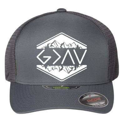 Inspirational Christian God Is Greater Than The High And Lows Camping Flexfit Unipanel Trucker Cap