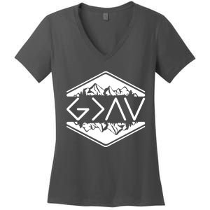 Inspirational Christian God Is Greater Than The High And Lows Camping Women's V-Neck T-Shirt