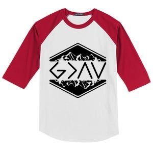 Inspirational Christian God Is Greater Than The High And Lows Camping Kids Colorblock Raglan Jersey