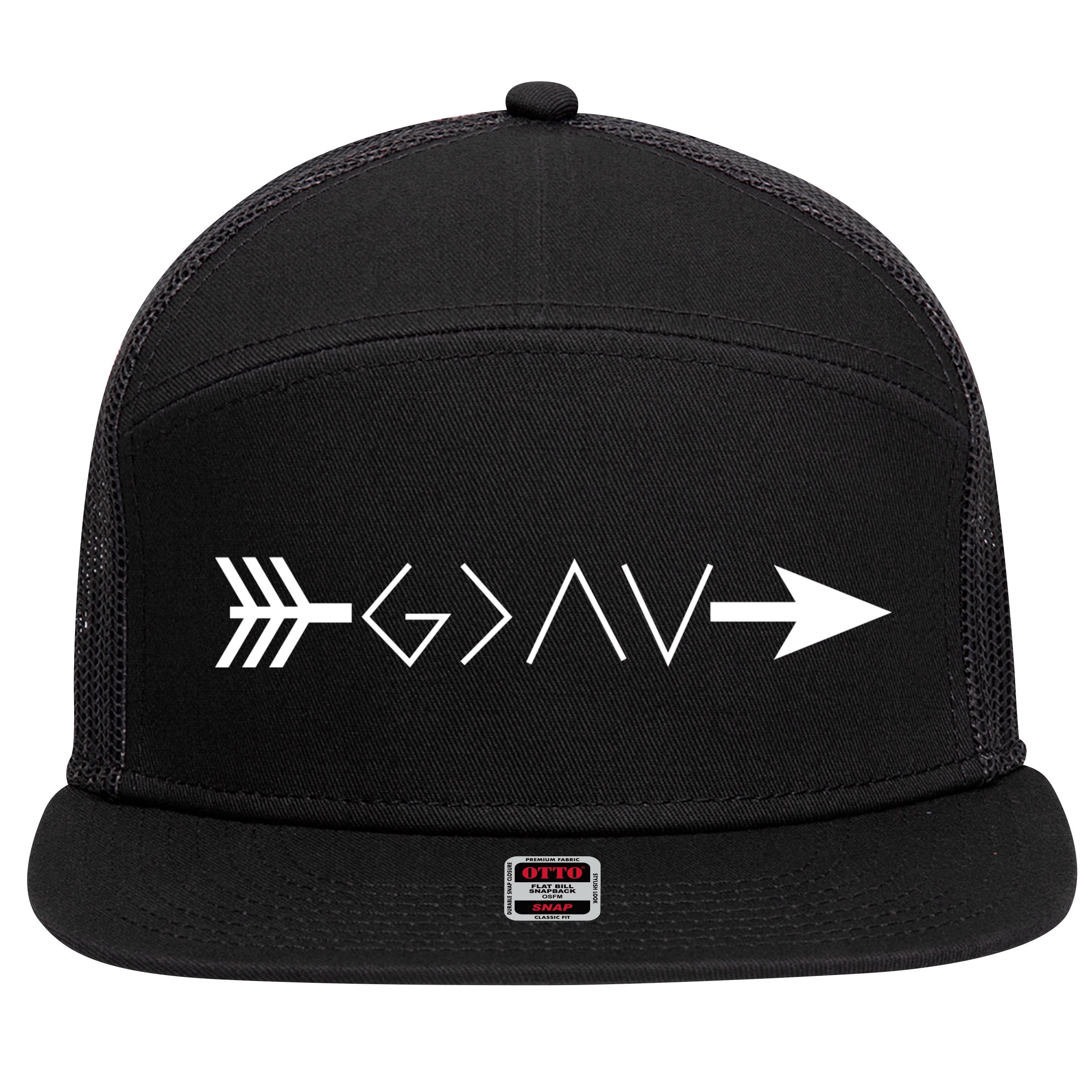 Inspirational Christian God Is Greater Than The High And Lows Shooting Arrow 7 Panel Mesh Trucker Snapback Hat