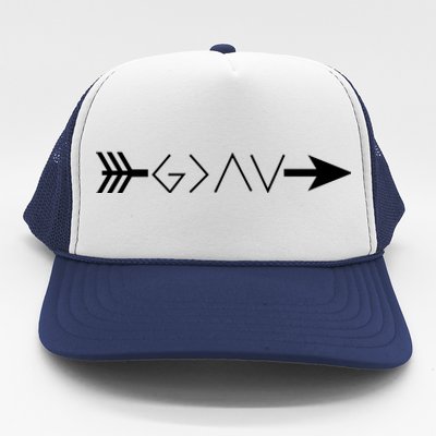 Inspirational Christian God Is Greater Than The High And Lows Shooting Arrow Trucker Hat