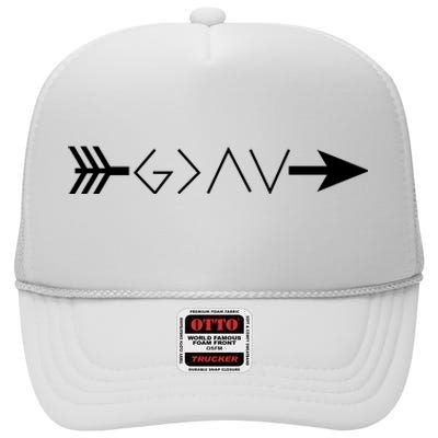 Inspirational Christian God Is Greater Than The High And Lows Shooting Arrow High Crown Mesh Back Trucker Hat