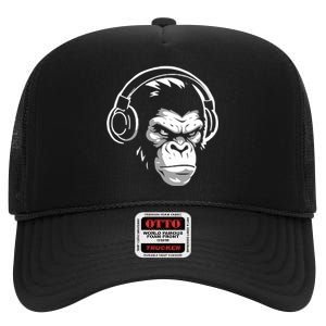 Intense Chimp & Headphones Chimpanzee Wildlife Lover High Crown Mesh Back Trucker Hat