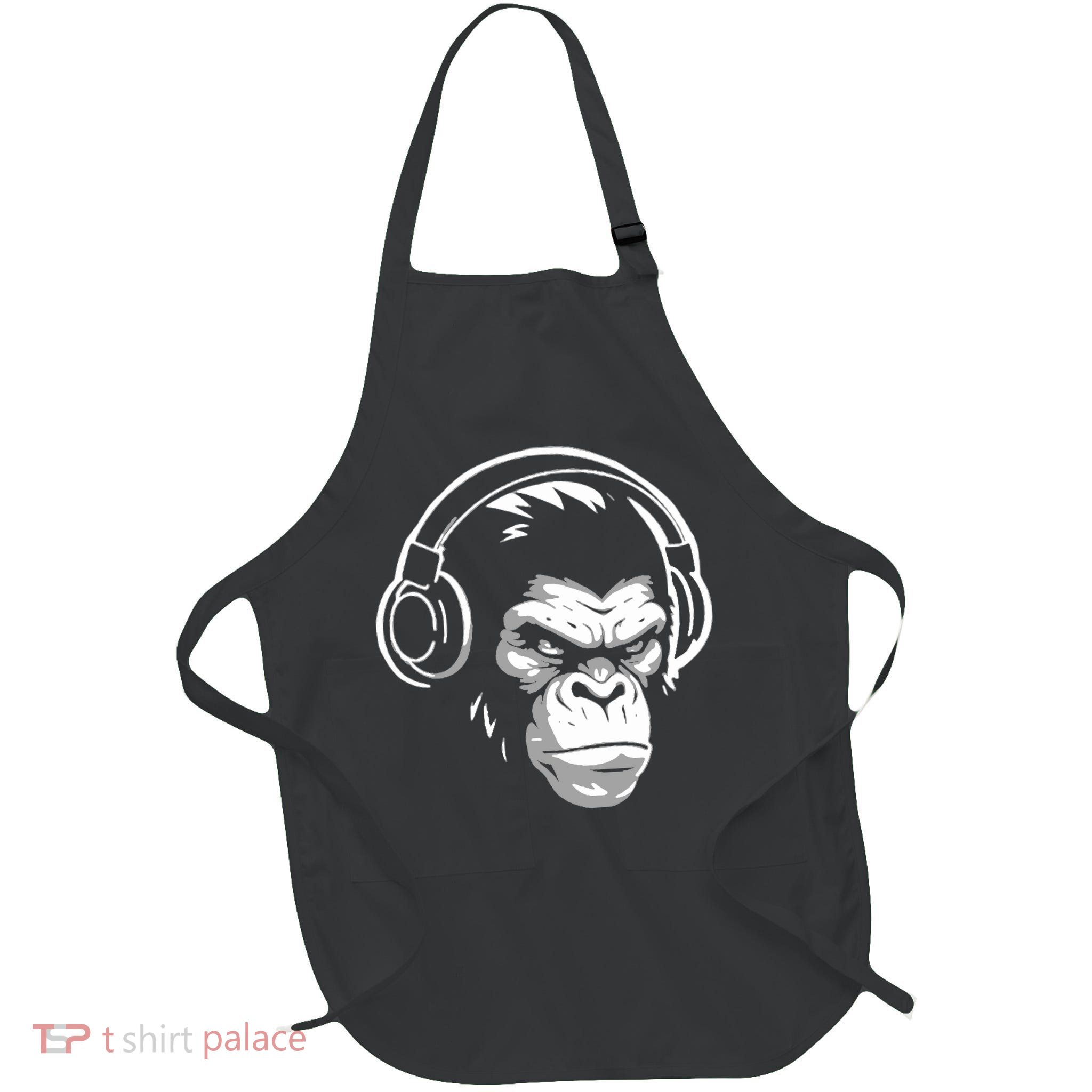 Intense Chimp & Headphones Chimpanzee Wildlife Lover Full-Length Apron With Pockets
