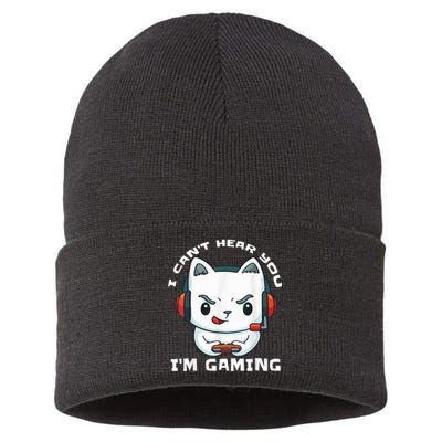 I Cant Hear You Im Gaming Funny Gamer Gift Mic And Headset Sustainable Knit Beanie