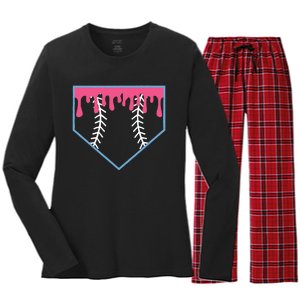 Ice Cream Home Plate Baseball Drip Women's Long Sleeve Flannel Pajama Set 