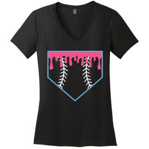 Ice Cream Home Plate Baseball Drip Women's V-Neck T-Shirt