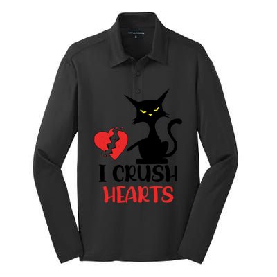 I Crush Hearts Funny Black Cats Valentine Cat Crusher Lovers Gift Silk Touch Performance Long Sleeve Polo