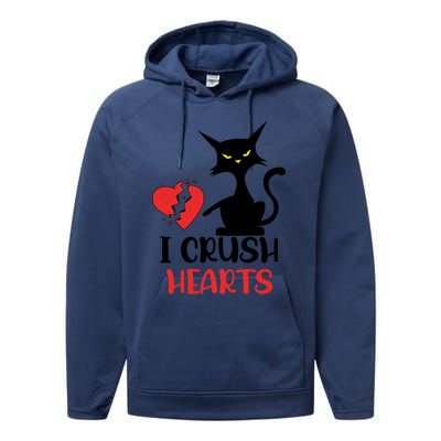 I Crush Hearts Funny Black Cats Valentine Cat Crusher Lovers Gift Performance Fleece Hoodie