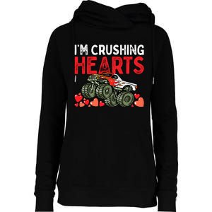 I Crush Hearts Monster Truck Boy Valentines Day Womens Funnel Neck Pullover Hood