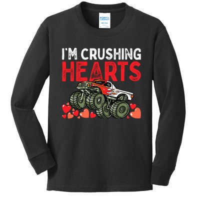 I Crush Hearts Monster Truck Boy Valentines Day Kids Long Sleeve Shirt