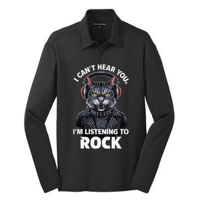 I CanT Hear You IM Listening To Rock Cat & Rock Lover Silk Touch Performance Long Sleeve Polo