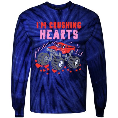 I Crush Hearts Monster Truck Toddler Boys Valentines Day Tie-Dye Long Sleeve Shirt