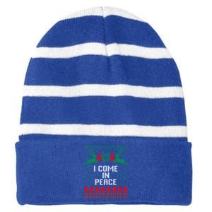 I Come In Peace IM Peace Reindeer Couples Ugly Christmas Gift Striped Beanie with Solid Band