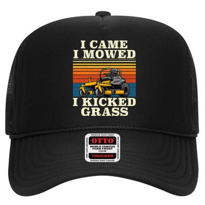 I Came I Mowed I Kicked Grass Lawn Mower Landscaping High Crown Mesh Back Trucker Hat