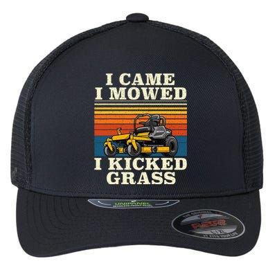 I Came I Mowed I Kicked Grass Lawn Mower Landscaping Flexfit Unipanel Trucker Cap