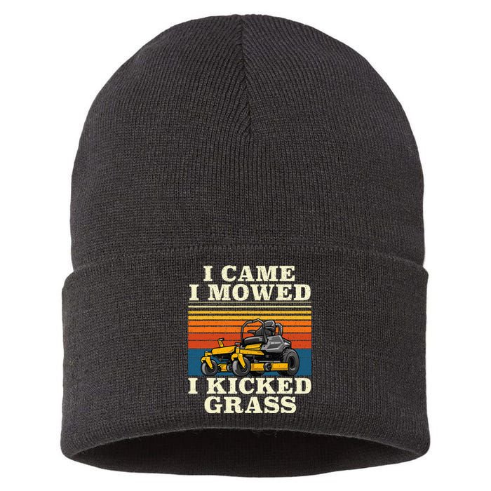 I Came I Mowed I Kicked Grass Lawn Mower Landscaping Sustainable Knit Beanie