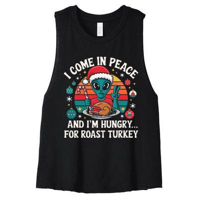 I Come In Peace And IM Hungry Turkey Alien In Christmas Women's Racerback Cropped Tank