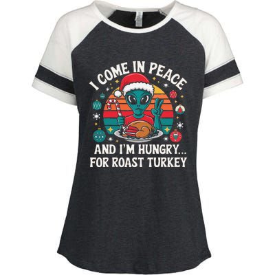 I Come In Peace And IM Hungry Turkey Alien In Christmas Enza Ladies Jersey Colorblock Tee