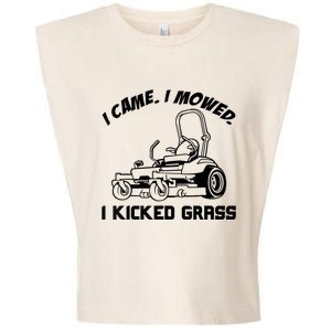 I Came I Mowed I Kicked Grass Funny Lawn Mowing Garment-Dyed Women's Muscle Tee