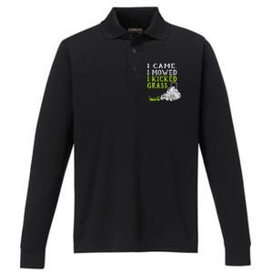 I Came I Mowed I Kicked Grass Funny Lawnmower Landscaping Performance Long Sleeve Polo