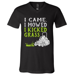 I Came I Mowed I Kicked Grass Funny Lawnmower Landscaping V-Neck T-Shirt