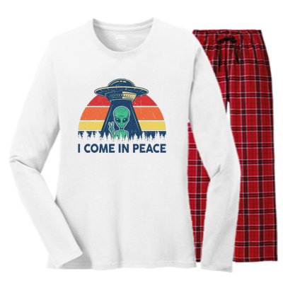 I Come In Peace Green Alien Ufo Women's Long Sleeve Flannel Pajama Set 