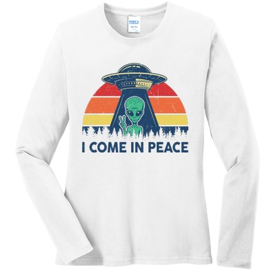 I Come In Peace Green Alien Ufo Ladies Long Sleeve Shirt