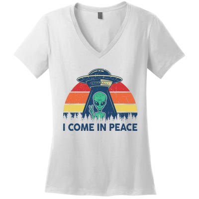 I Come In Peace Green Alien Ufo Women's V-Neck T-Shirt