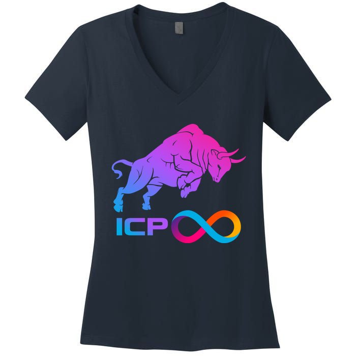 Internet Computer Icp Cryptocurrency Logo Bull Run Women's V-Neck T-Shirt