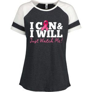 I Can & I Will Beat Breast Cancer Warrior Just Watch Me Enza Ladies Jersey Colorblock Tee