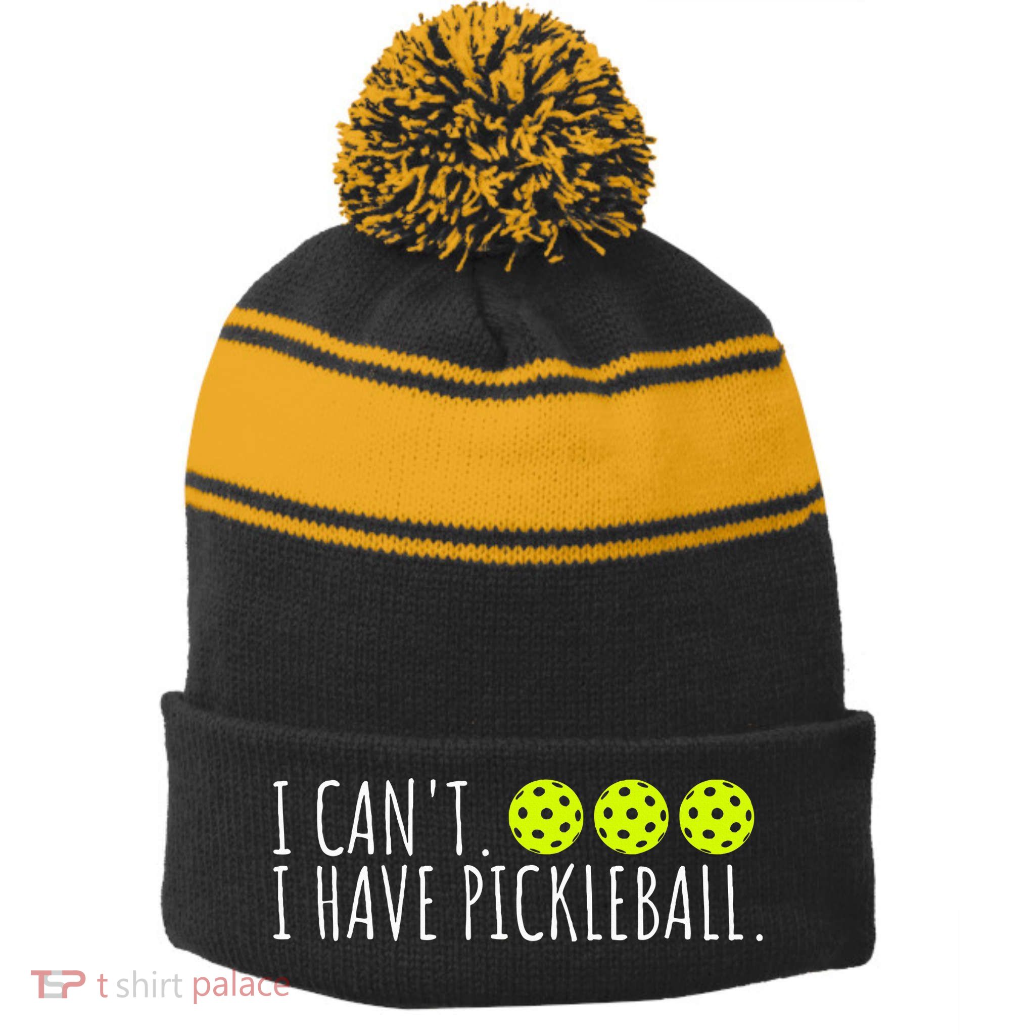 I Can't I Have Pickleball Funny Slogan Pickleball Lover Stripe Pom Pom Beanie