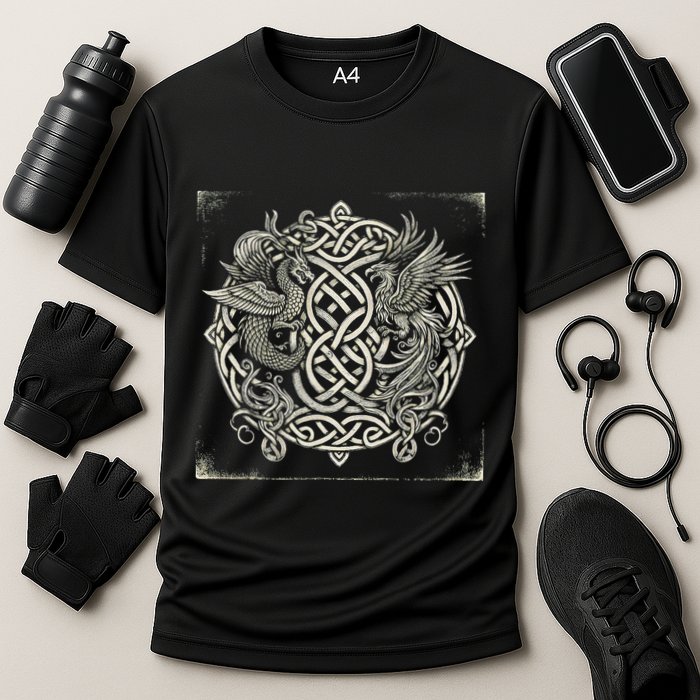 Intricate Celtic Knot With Dragon And Phoenix Performance Shirt