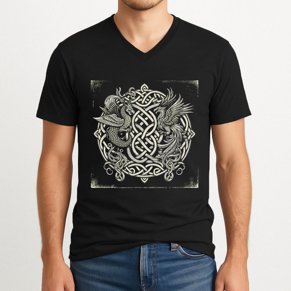 Intricate Celtic Knot With Dragon And Phoenix V-Neck T-Shirt