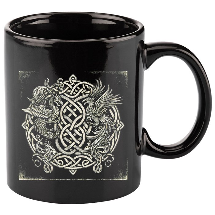 Intricate Celtic Knot With Dragon And Phoenix 11oz C Handle Ceramic Mug
