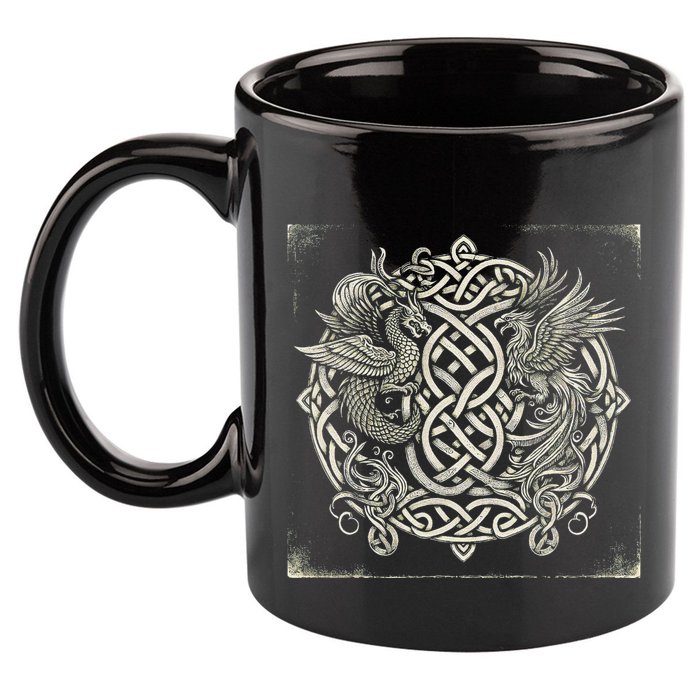 Intricate Celtic Knot With Dragon And Phoenix 11oz C Handle Ceramic Mug