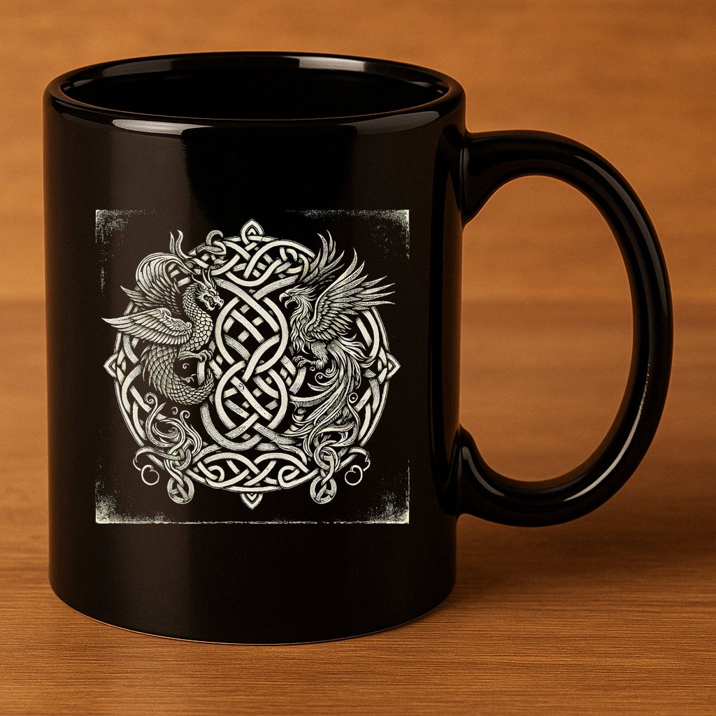 Intricate Celtic Knot With Dragon And Phoenix 11oz C Handle Ceramic Mug