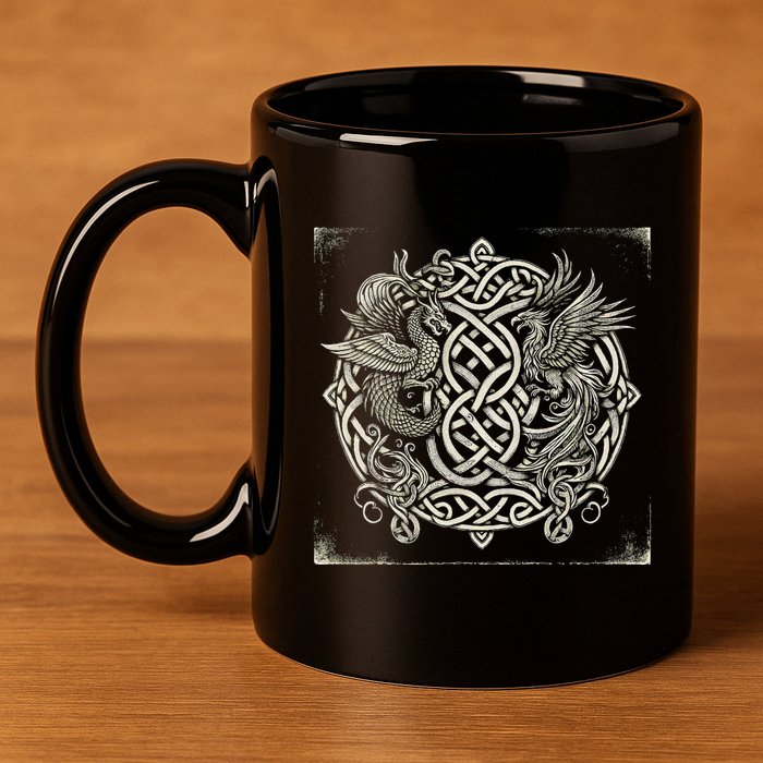 Intricate Celtic Knot With Dragon And Phoenix 11oz C Handle Ceramic Mug
