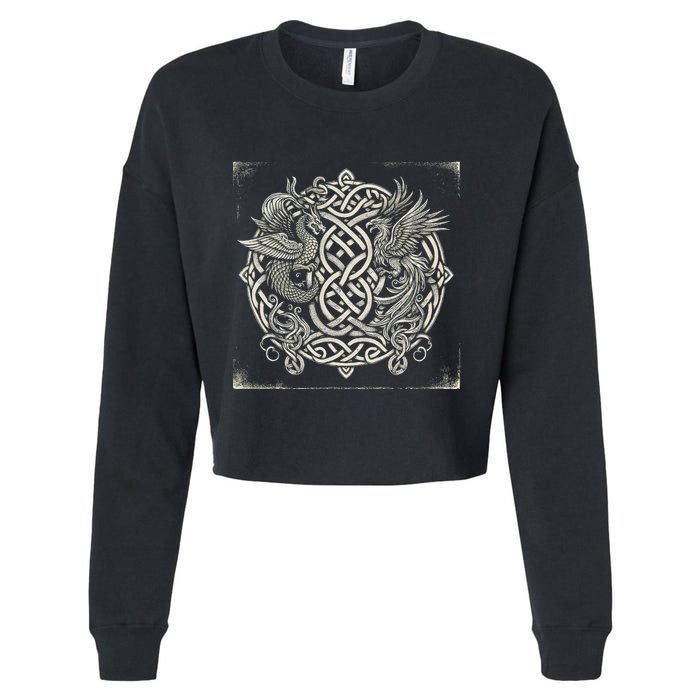 Intricate Celtic Knot With Dragon And Phoenix Cropped Pullover Crew